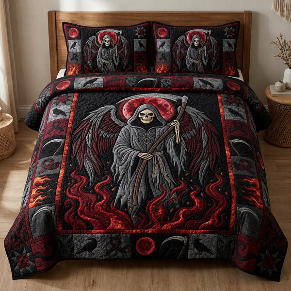 Grim Reaper quilted 3-piece bedding set on a made bed against a dark styled interior