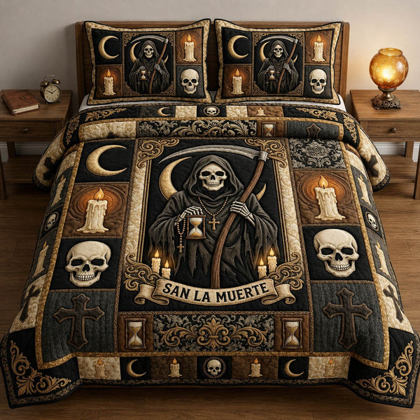Grim Reaper quilted 3-piece bedding set on a made bed against a dark styled interior