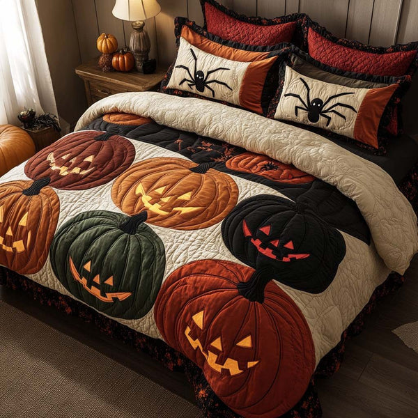 Grinning Pumpkins quilted 3-piece bedding set on a made bed against a dark styled interior