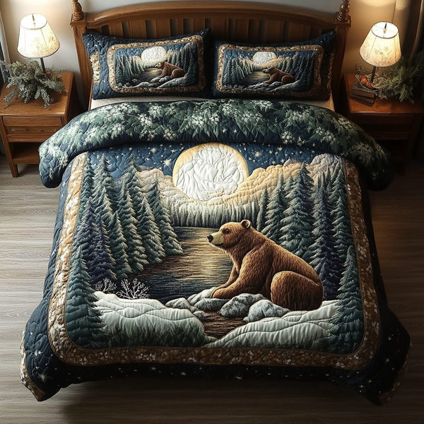 Grizzly Bear quilted 3-piece bedding set on a made bed with two matching pillow shams