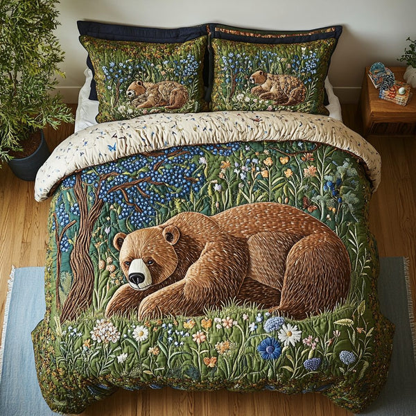 Grizzly Calm quilted 3-piece bedding set on a made bed with two matching pillow shams