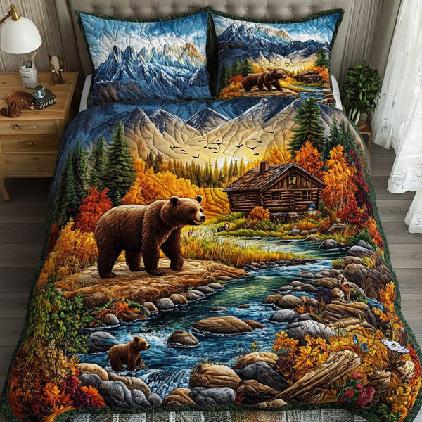 Grizzly Charm quilted 3-piece bedding set on a made bed with two matching pillow shams