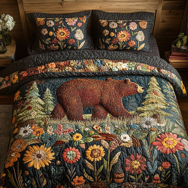 Grizzly Grove quilted 3-piece bedding set on a made bed with two matching pillow shams