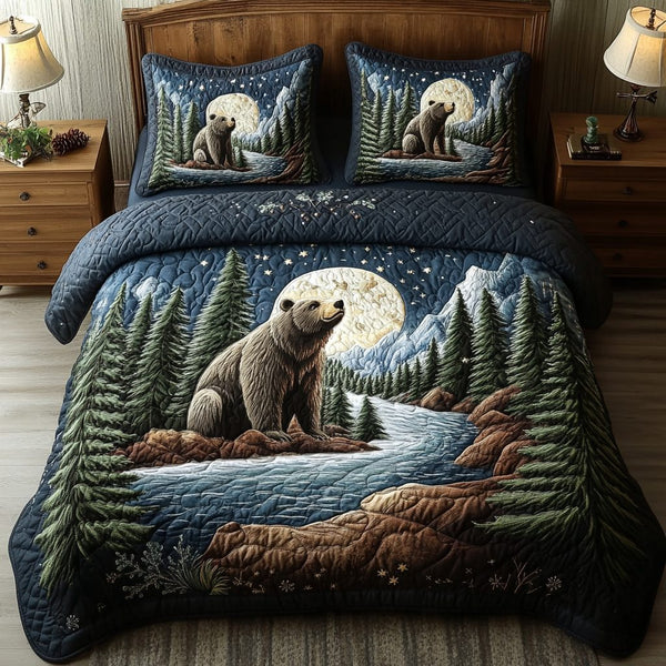 Grizzly Nap quilted 3-piece bedding set on a made bed with two matching pillow shams