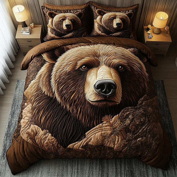 Grizzly Nights quilted 3-piece bedding set on a made bed with two matching pillow shams