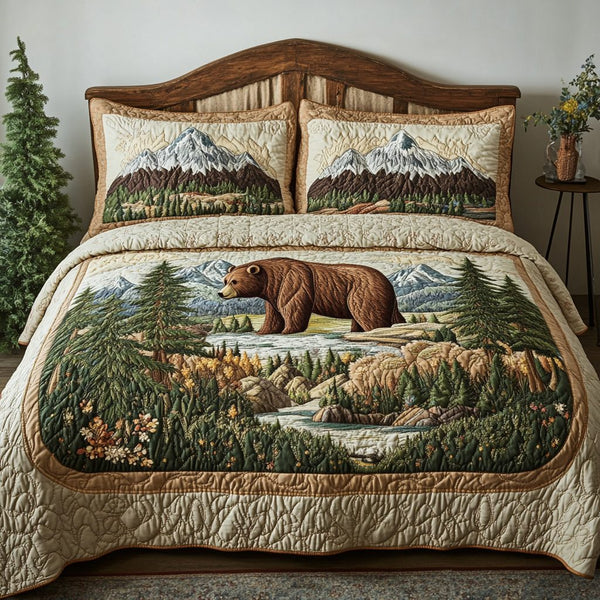Grizzly Path quilted 3-piece bedding set on a made bed with two matching pillow shams