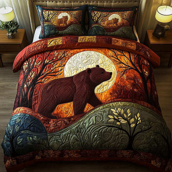 Grizzly Spirit quilted 3-piece bedding set on a made bed with two matching pillow shams