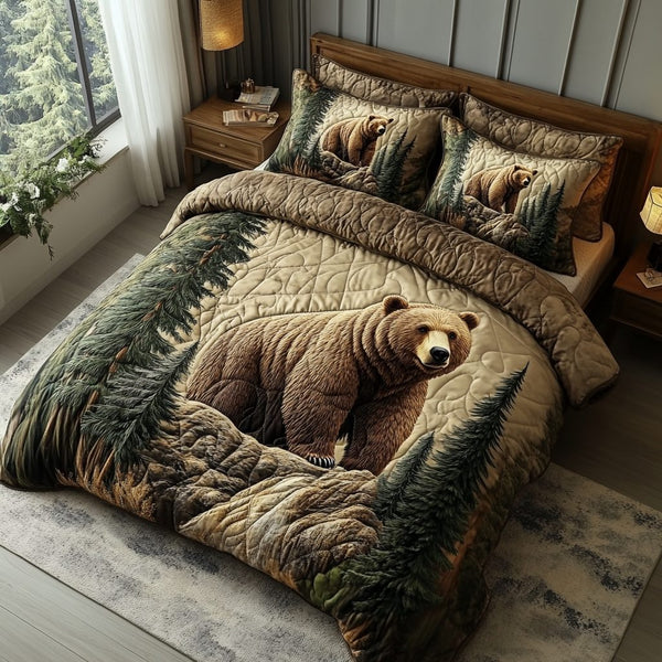 Grizzly Trail quilted 3-piece bedding set on a made bed with two matching pillow shams