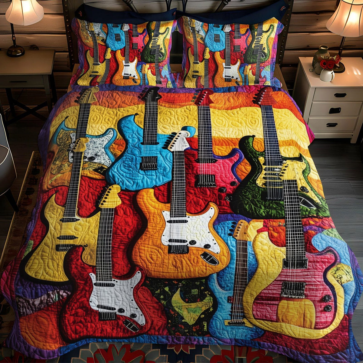 Groove Fusion quilted 3-piece bedding set on a made bed with two matching pillow shams