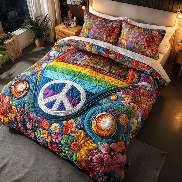 Groovy Beetle quilted 3-piece bedding set on a made bed with two matching pillow shams