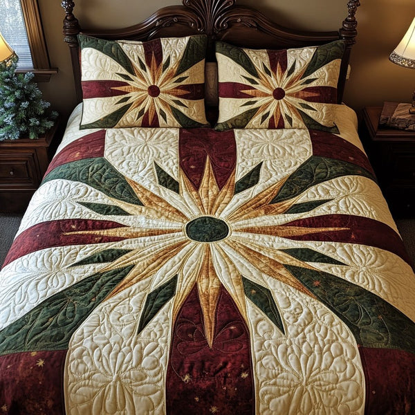 Groovy Christmas Morning Sun quilted 3-piece bedding set on a made bed in a winter-styled bedroom