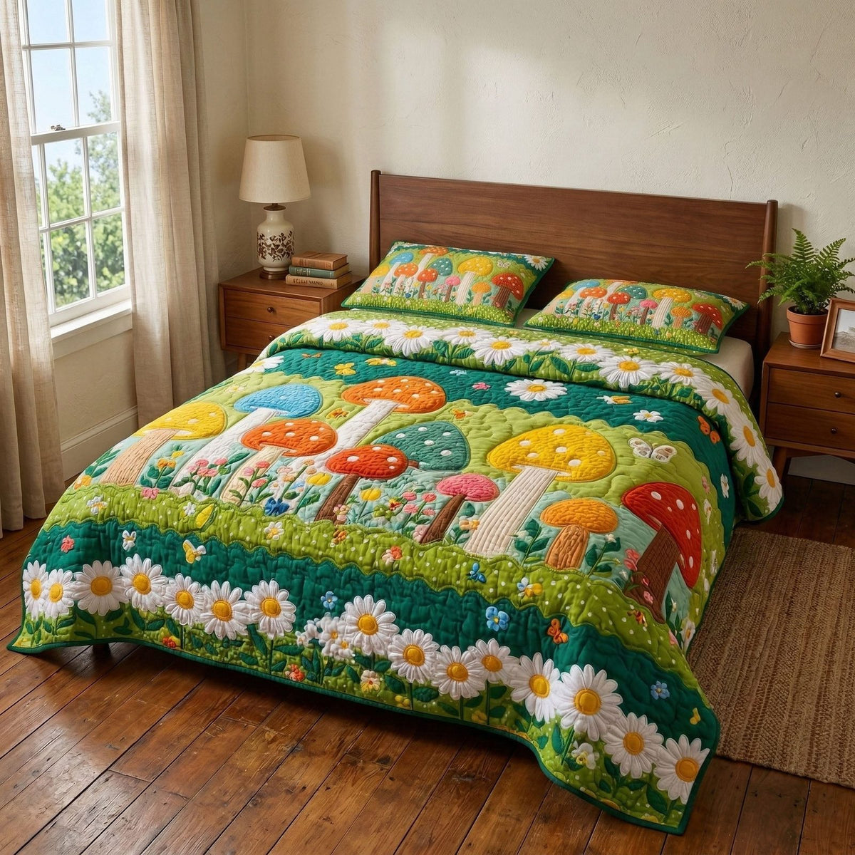 Groovy Daisy Garden quilted 3-piece bedding set on a made bed with two matching pillow shams