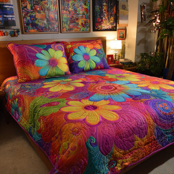 Groovy Daisy Pop quilted 3-piece bedding set on a made bed with two matching pillow shams