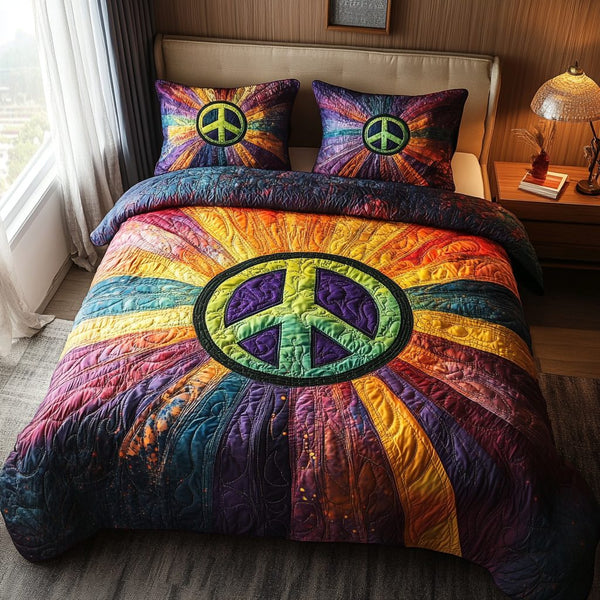 Groovy Days quilted 3-piece bedding set on a made bed with two matching pillow shams