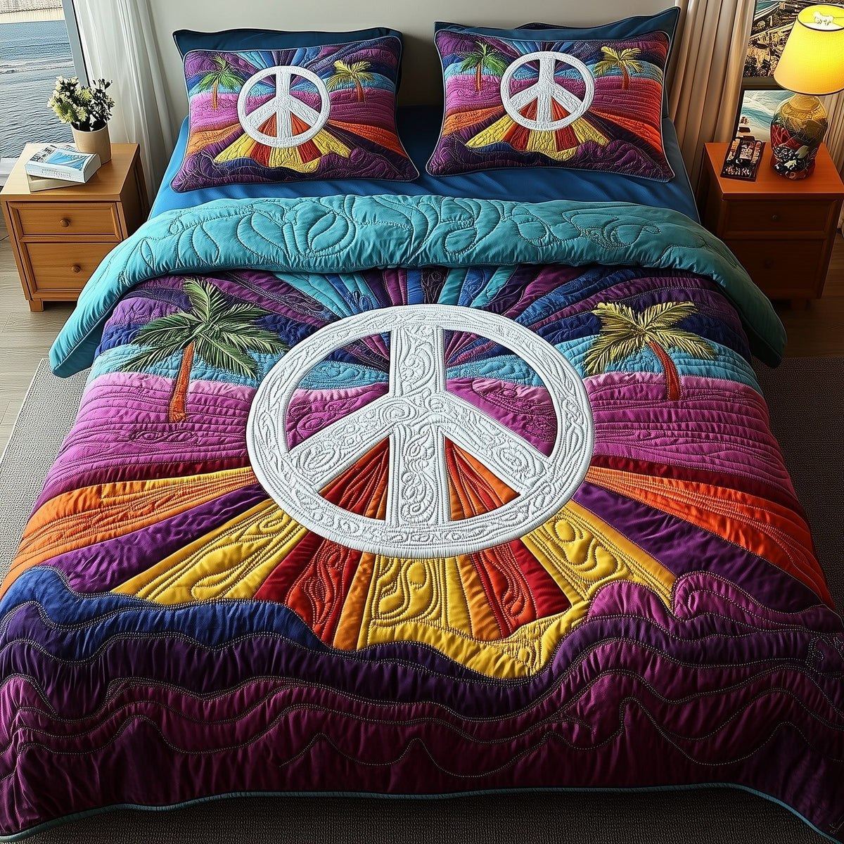 Groovy Dreams quilted 3-piece bedding set on a made bed with two matching pillow shams