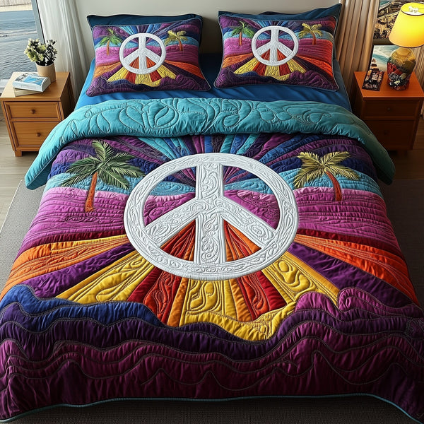 Groovy Dreams quilted 3-piece bedding set on a made bed with two matching pillow shams