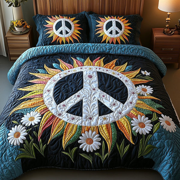 Groovy Dreams quilted 3-piece bedding set on a made bed with two matching pillow shams