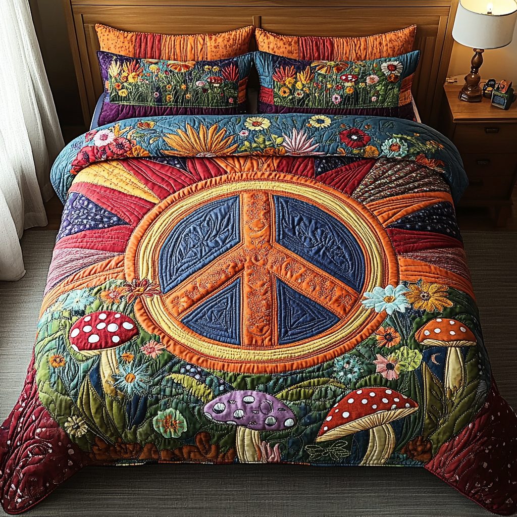 Groovy Dreams quilted 3-piece bedding set on a made bed with two matching pillow shams