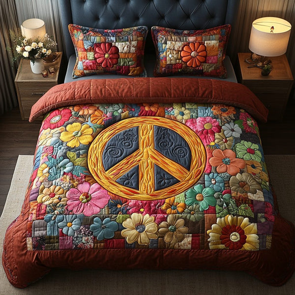 Groovy Dreams quilted 3-piece bedding set on a made bed with two matching pillow shams