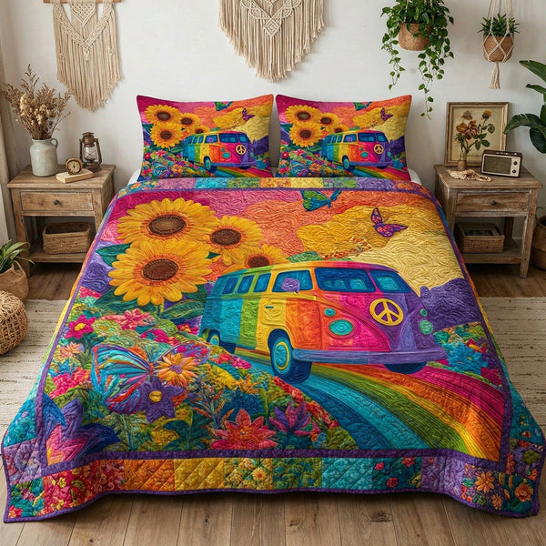 Groovy Escape quilted 3-piece bedding set on a made bed with two matching pillow shams