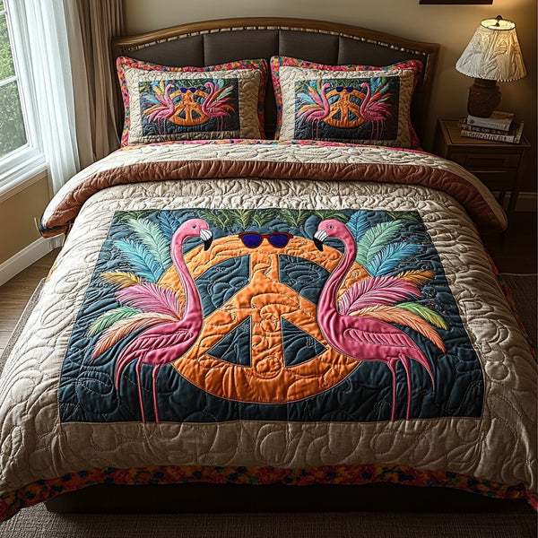 Groovy Flamingos quilted 3-piece bedding set on a made bed with two matching pillow shams