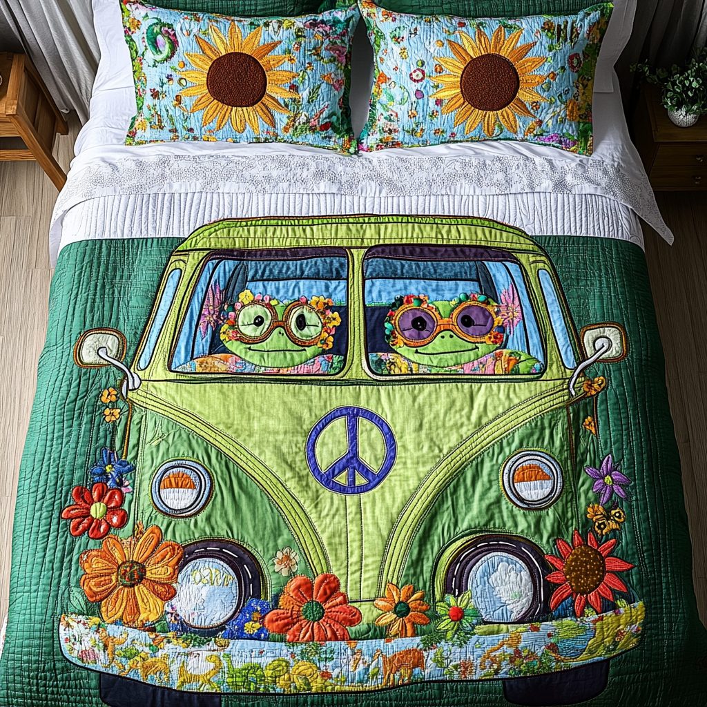 Groovy Frog quilted 3-piece bedding set on a made bed with two matching pillow shams