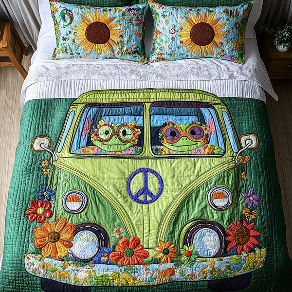 Groovy Frog quilted 3-piece bedding set on a made bed with two matching pillow shams