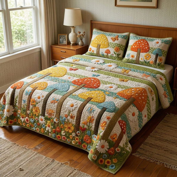 Groovy Garden quilted 3-piece bedding set on a made bed with two matching pillow shams