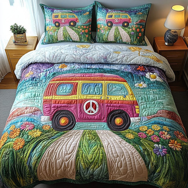 Groovy Getaway quilted 3-piece bedding set on a made bed with two matching pillow shams