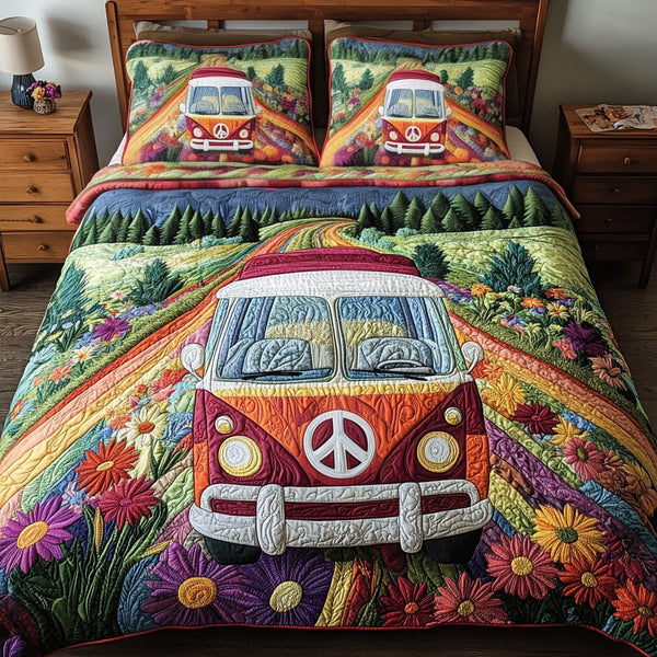 Groovy Getaway quilted 3-piece bedding set on a made bed with two matching pillow shams