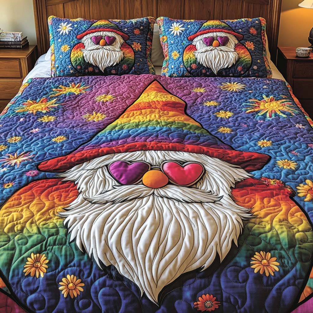 Groovy Gnome Love quilted 3-piece bedding set on a made bed in a winter-styled bedroom