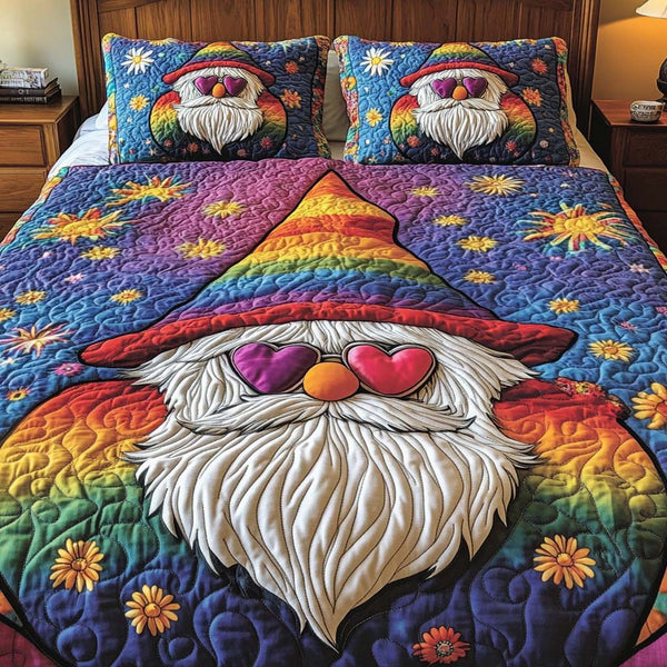 Groovy Gnome Love quilted 3-piece bedding set on a made bed in a winter-styled bedroom