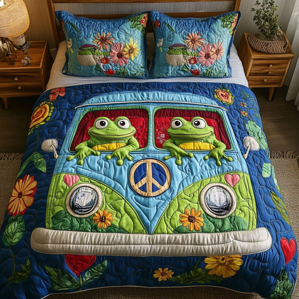 Groovy Green Gang quilted 3-piece bedding set on a made bed with two matching pillow shams