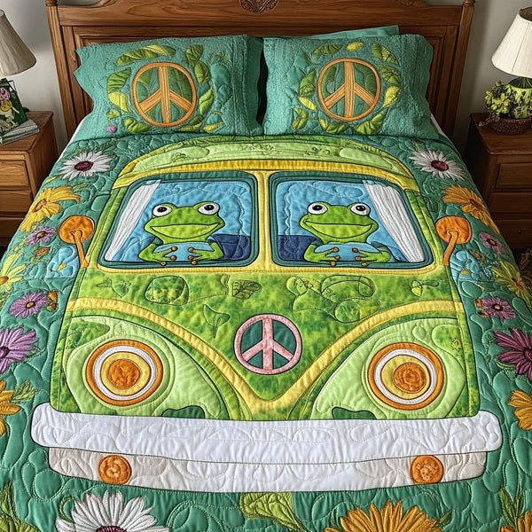 Groovy Leap quilted 3-piece bedding set on a made bed with two matching pillow shams