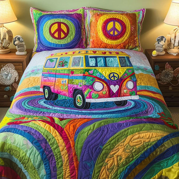 Groovy Love Bus quilted 3-piece bedding set on a made bed with two matching pillow shams