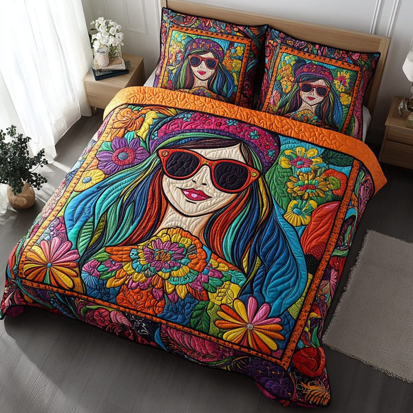 Groovy Muse quilted 3-piece bedding set on a made bed with two matching pillow shams