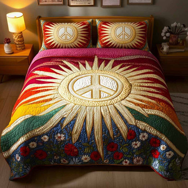 Groovy Peace quilted 3-piece bedding set on a made bed with two matching pillow shams