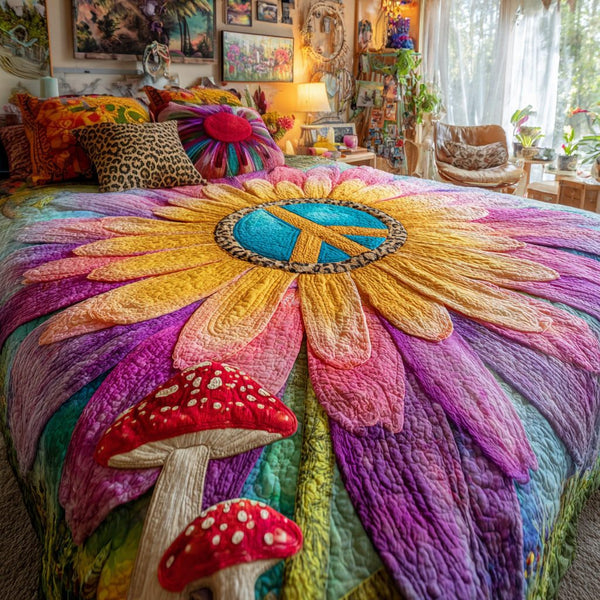 Groovy Petals quilted 3-piece bedding set on a made bed with two matching pillow shams