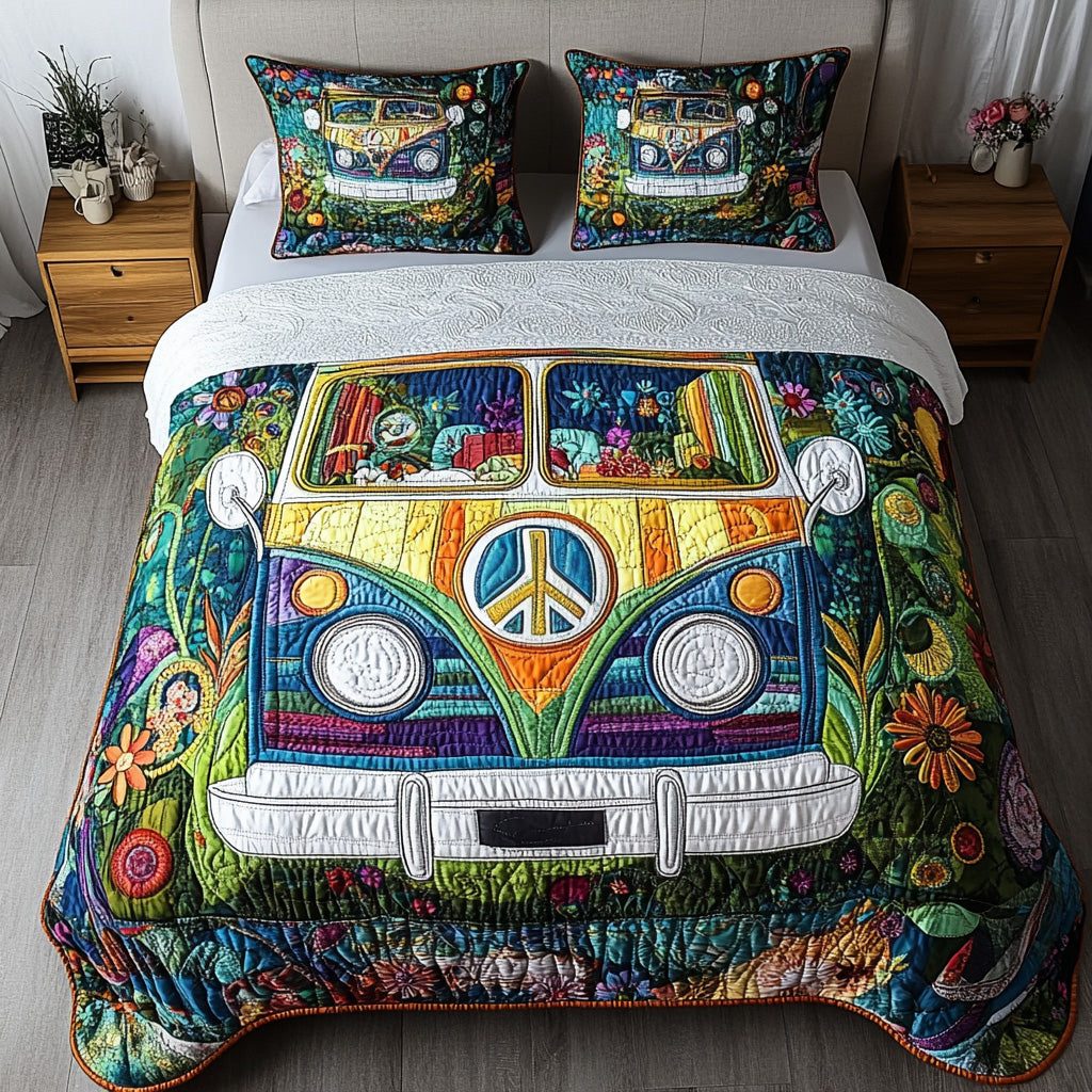 Groovy Ride quilted 3-piece bedding set on a made bed with two matching pillow shams