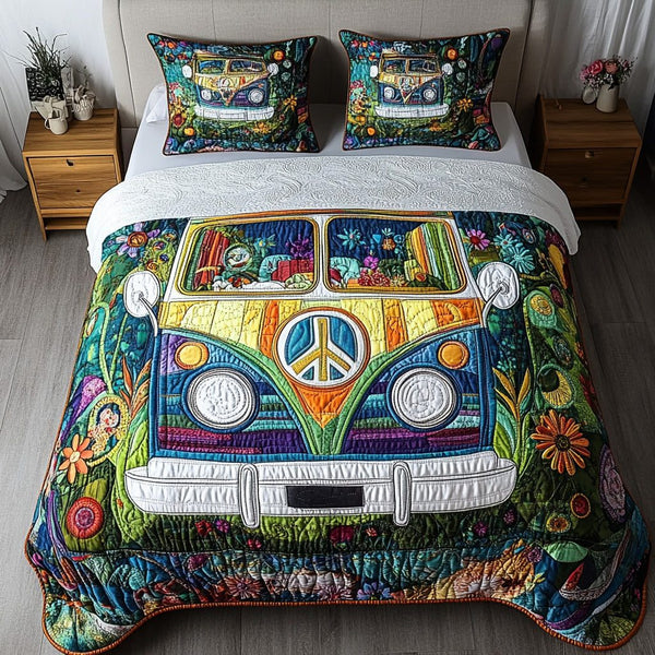 Groovy Ride quilted 3-piece bedding set on a made bed with two matching pillow shams