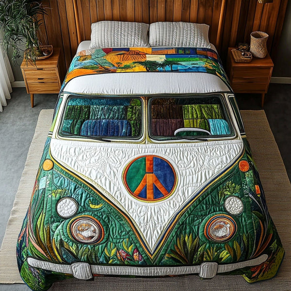 Groovy Road Trip quilted 3-piece bedding set on a made bed with two matching pillow shams