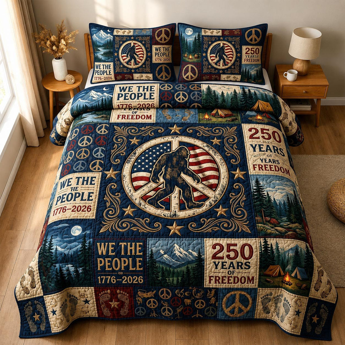 Groovy Squatch quilted 3-piece bedding set on a made bed with two matching pillow shams