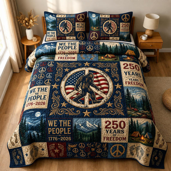 Groovy Squatch quilted 3-piece bedding set on a made bed with two matching pillow shams