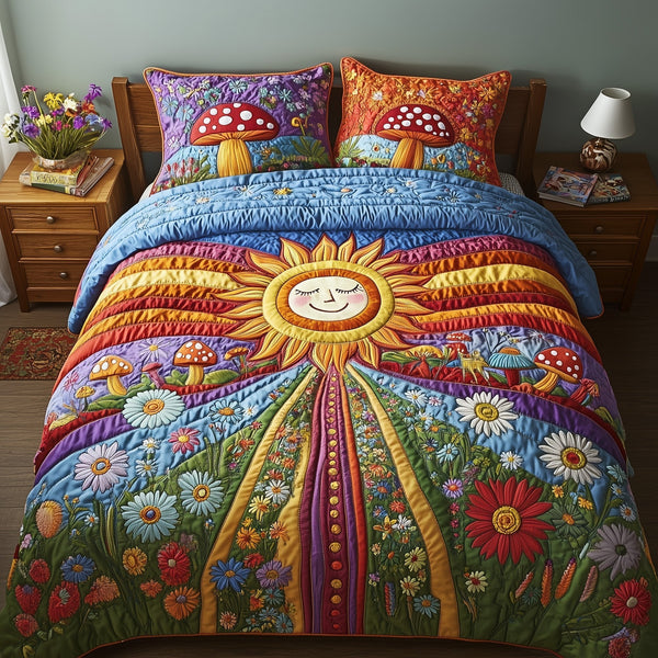 Groovy Sunburst quilted 3-piece bedding set on a made bed with two matching pillow shams