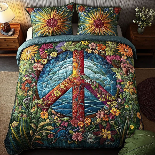 Groovy Vibes quilted 3-piece bedding set on a made bed with two matching pillow shams
