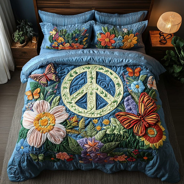 Groovy Vibes quilted 3-piece bedding set on a made bed with two matching pillow shams