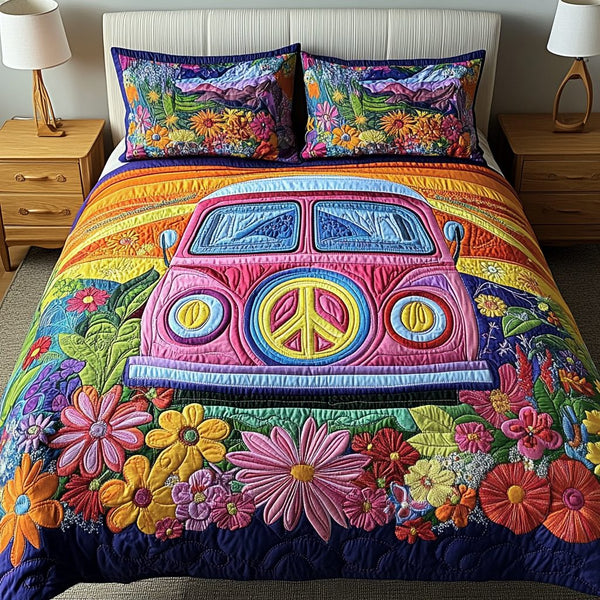 Groovy Vibes quilted 3-piece bedding set on a made bed with two matching pillow shams