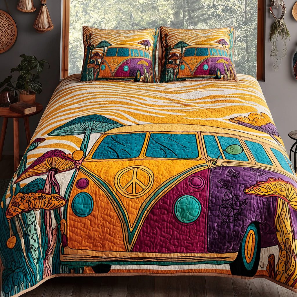 Groovy Wheels quilted 3-piece bedding set on a made bed with two matching pillow shams