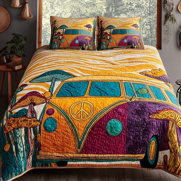 Groovy Wheels quilted 3-piece bedding set on a made bed with two matching pillow shams