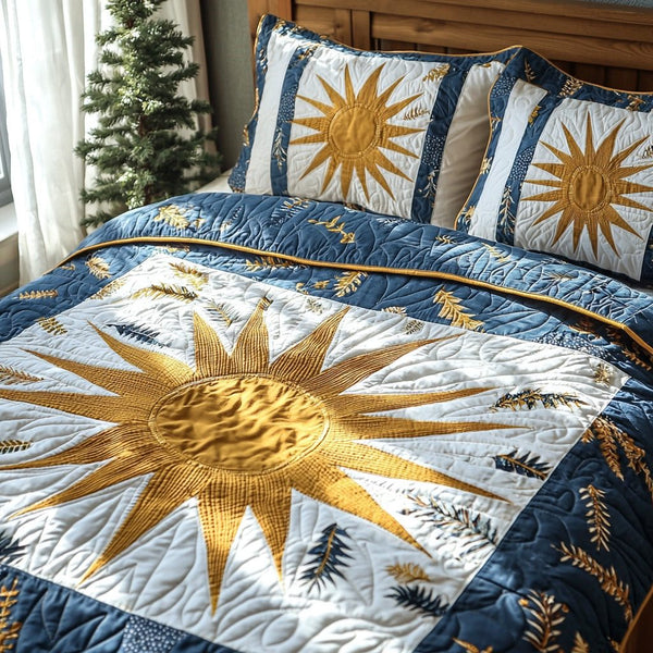 Groovy Winter Sunshine quilted 3-piece bedding set on a made bed in a winter-styled bedroom